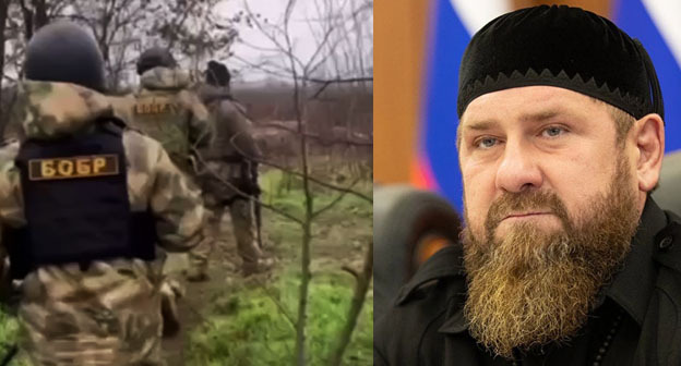 Бойцы Баталхаджинского отряда быстрого реагирования (БОБР), Рамзан Кадыров (справа). Коллаж "Кавказского узла". Кадр видео Телеграм-канал главы Чечни Kadyrov_95 Фото: Грозный-Информ