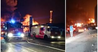 Коллаж "Кавказского узла". На месте взрыва на АЗС в Махачкале. Стоп-кадр из видео https://www.youtube.com/watch?v=klV0gky9fjE. Взрыв на АЗС в Махачкале. Фото пресс-служба МЧС 