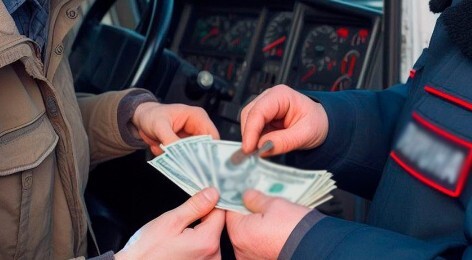 Водитель дает взятку полицейскому. Условна иллюстрация, созданная "Кавказским узлом" с помощью ИИ в программе Copilot.