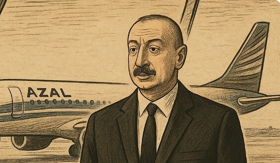 Ильхам Алиев на фоне самолета авиакомпании AZAL. Иллюстрация создана "Кавказским узлом" с помощью ИИ в программе Copilot.