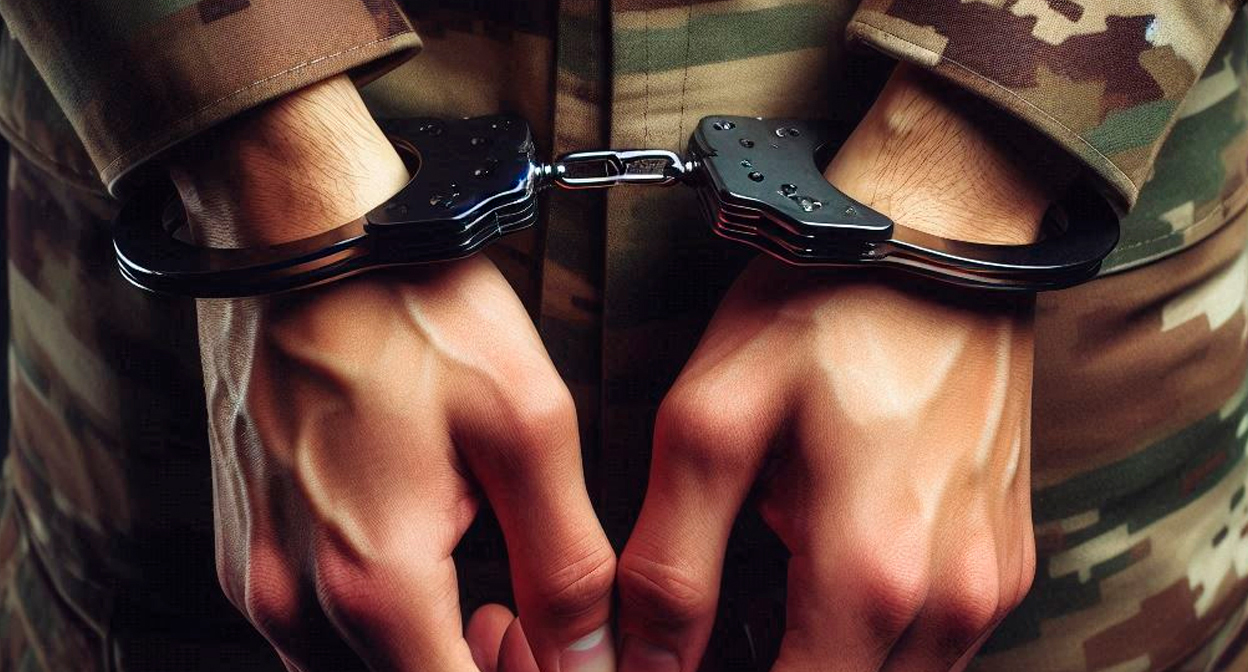 Военный в наручниках. Иллюстрация создана «Кавказским узлом» с помощью ИИ в программе Copilot

