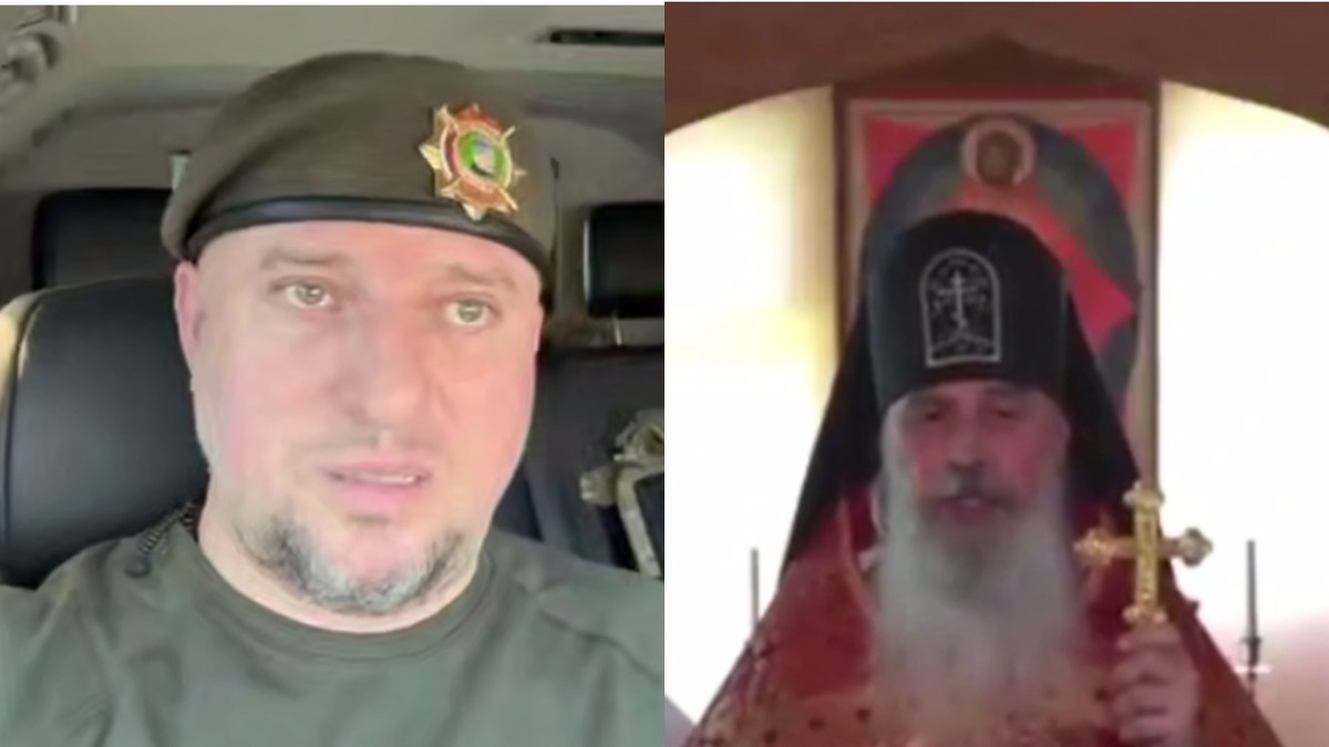 Апти Алаудинов (слева) и схиигумен Гавриил. Коллаж "Кавказского узла". Стоп-кадр видео Апти Алаудинова от 07.06.25 https://t.me/AptiAlaudinovAKHMAT/11247 и телеграм-канала "Осторожно, новости" от 30.05.25, https://t.me/ostorozhno_novosti/37195