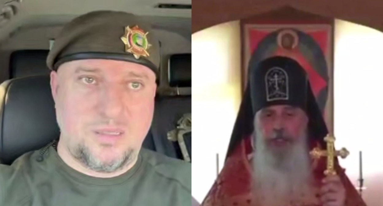 Апти Алаудинов (слева) и схиигумен Гавриил. Коллаж "Кавказского узла". Стоп-кадр видео Апти Алаудинова от 07.06.25 https://t.me/AptiAlaudinovAKHMAT/11247 и телеграм-канала "Осторожно, новости" от 30.05.25, https://t.me/ostorozhno_novosti/37195
