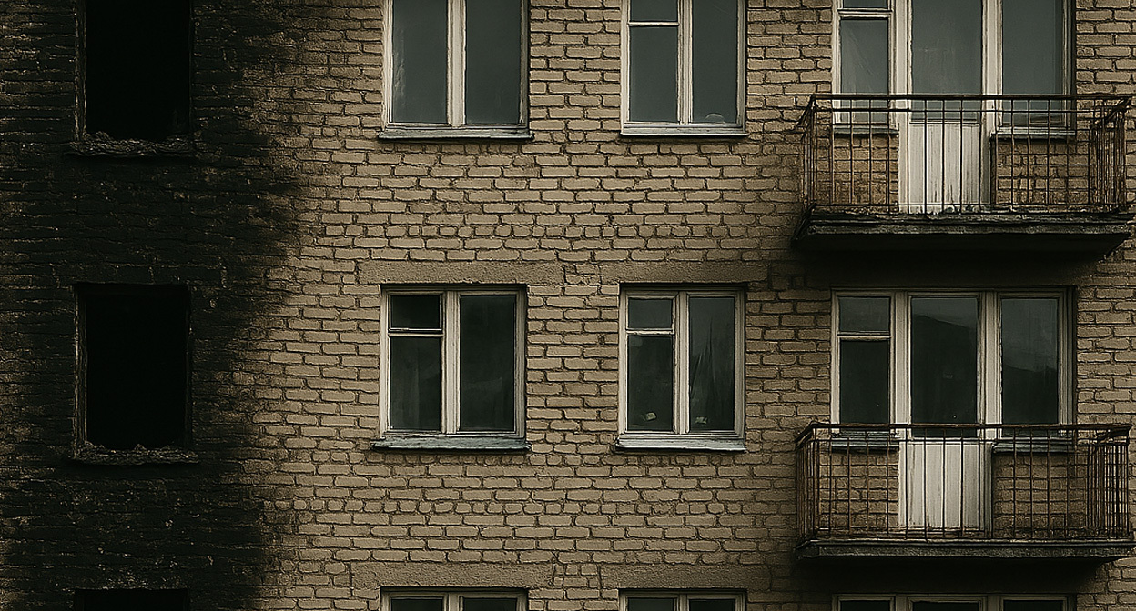Стена дома пострадавшего от пожара. Иллюстрация создана «Кавказским узлом» с помощью ИИ в программе Copilot