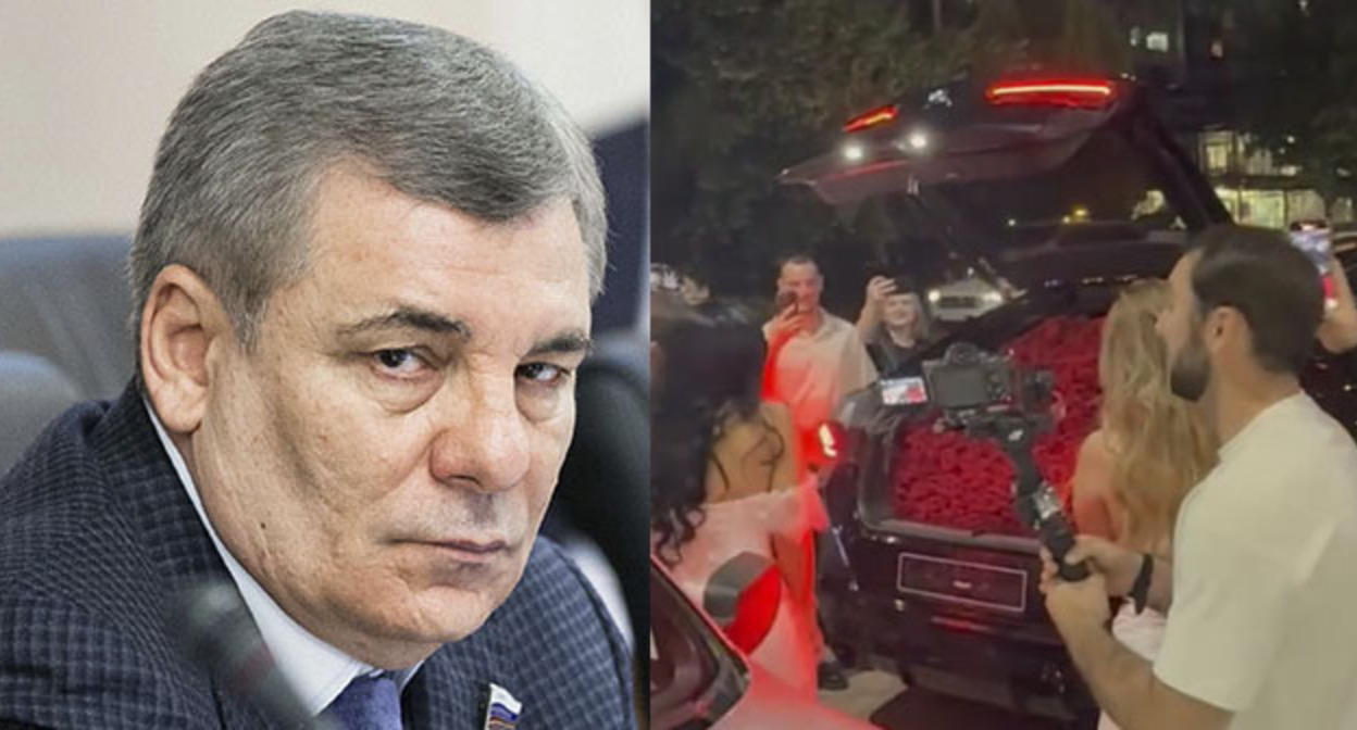 Арсен Коков. Подарки сына Арсена Канокова Альберта своей девушке. Коллаж "Кавказского узла". Фото: пресс-служба Совета Федерации. Скриншот видео https://t.me/sovetnik333
