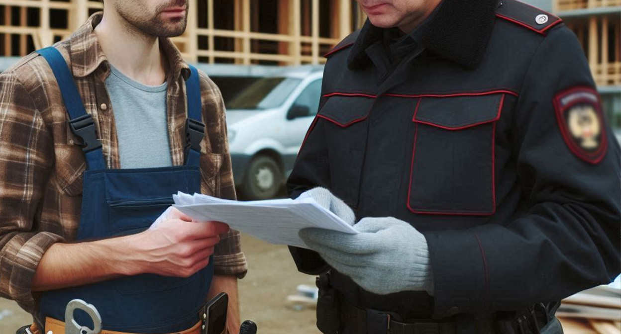 Полицейский проверяют документы у мигранта. Иллюстрация создана «Кавказским узлом» с помощью ИИ в программе Copilot