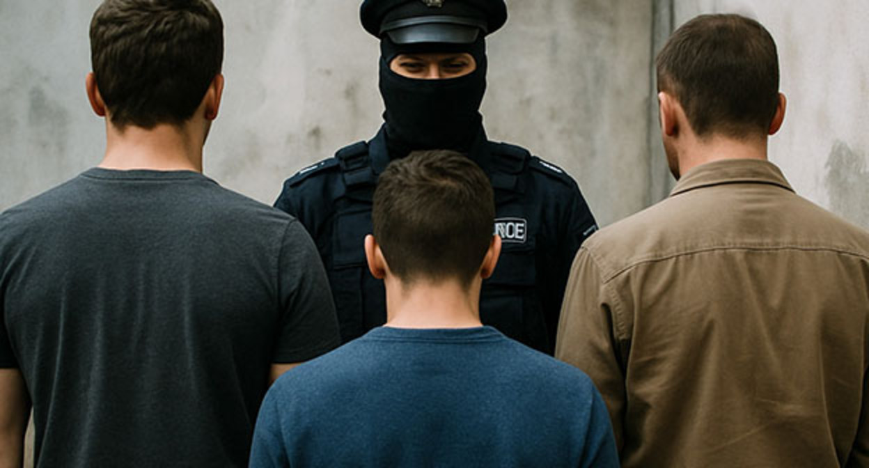 Молодые люди и сотрудник правоохранительных органов. Иллюстрация "Кавказского узла" созданная при помощи программы Copilot