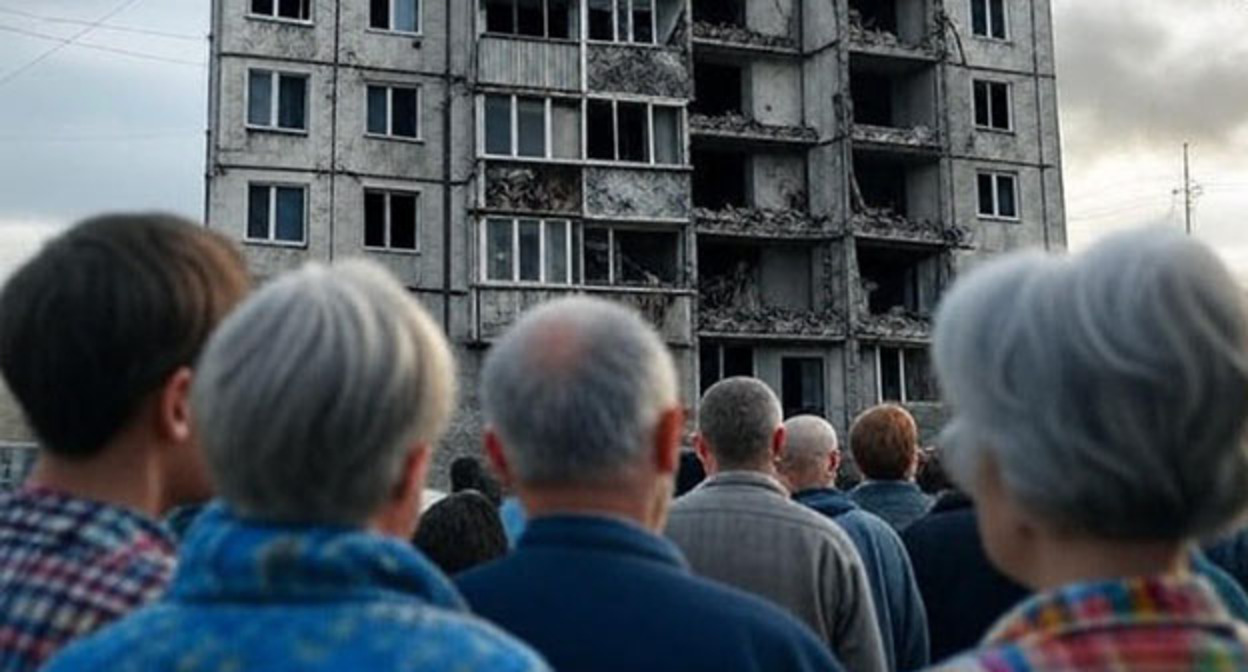 Люди стоят возле разрушенного дома. Иллюстрация "Кавказского узла", созданная при помощи программы Copilot