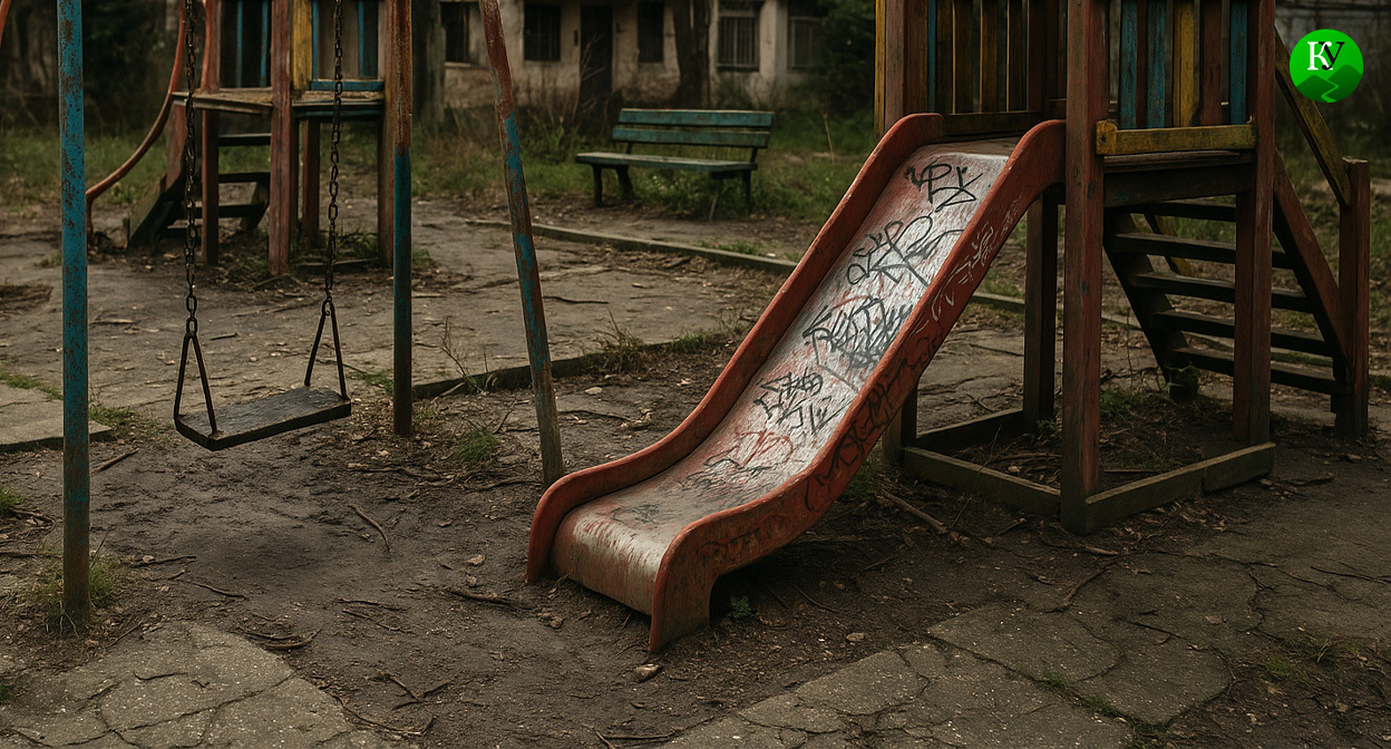 Детская площадка, требующая ремонта. Иллюстрация создана «Кавказским узлом» с помощью ИИ в программе Copilot