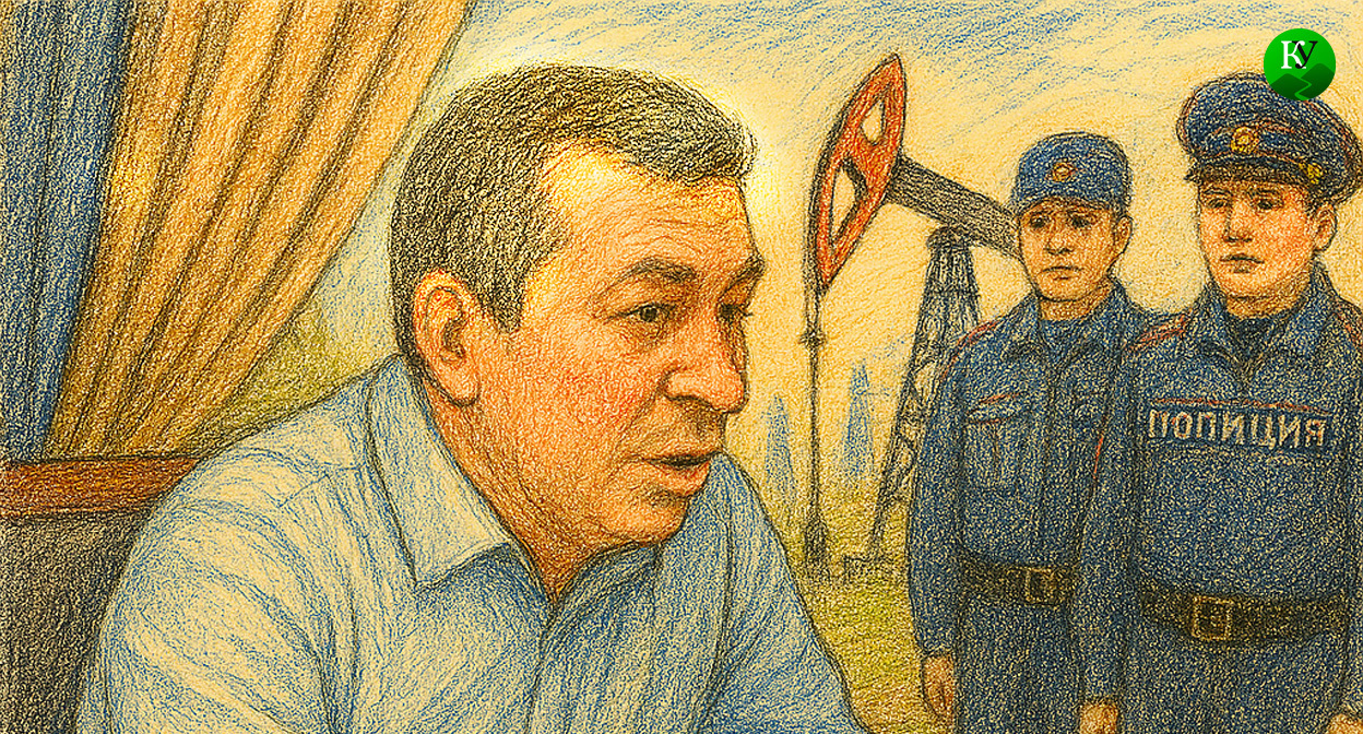 Магомедов и полиция. Иллюстрация создана «Кавказским узлом» с помощью ИИ в программе Copilot
