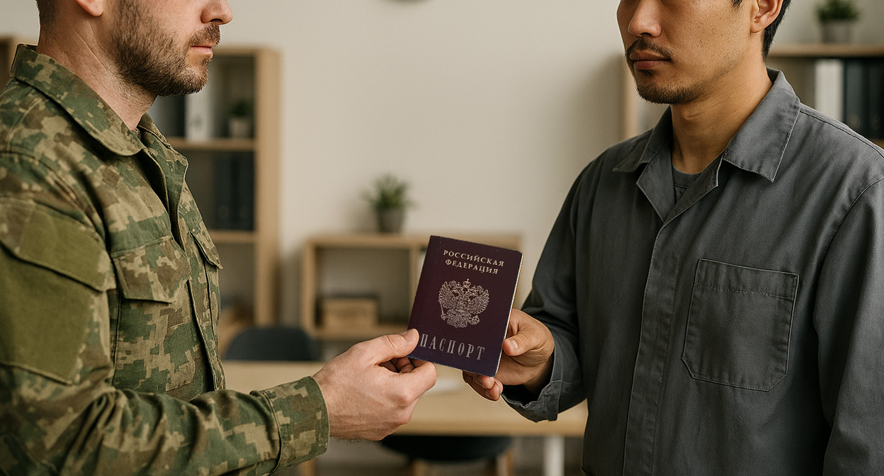 Военный передает паспорт мигранту. Иллюстрация создана «Кавказским узлом» с помощью ИИ в программе Copilot