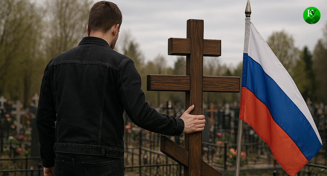 Мужчина у могилы. Иллюстрация создана «Кавказским узлом» с помощью ИИ в программе Copilot