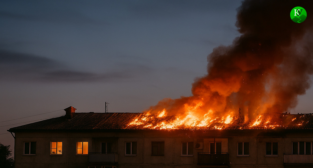 Пожар в многоквартирном доме. Иллюстрация создана «Кавказским узлом» с помощью ИИ в программе Copilot
