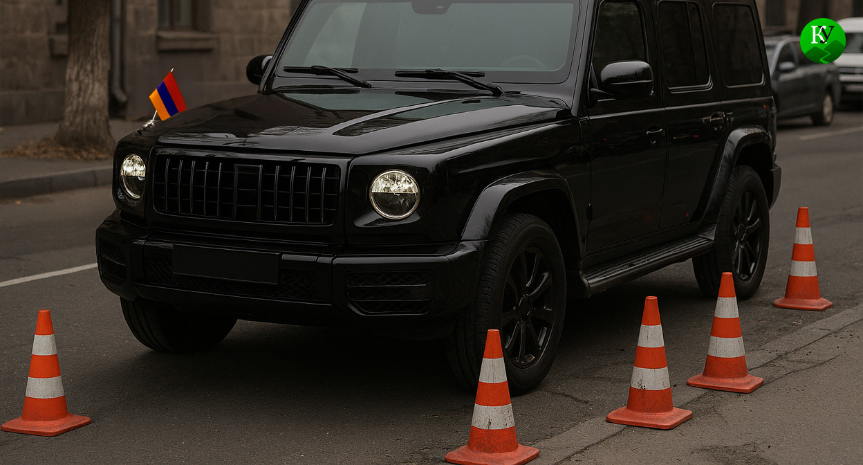 Автомобиль из кортежа Пашиняна. Иллюстрация создана «Кавказским узлом» с помощью ИИ в программе Copilot