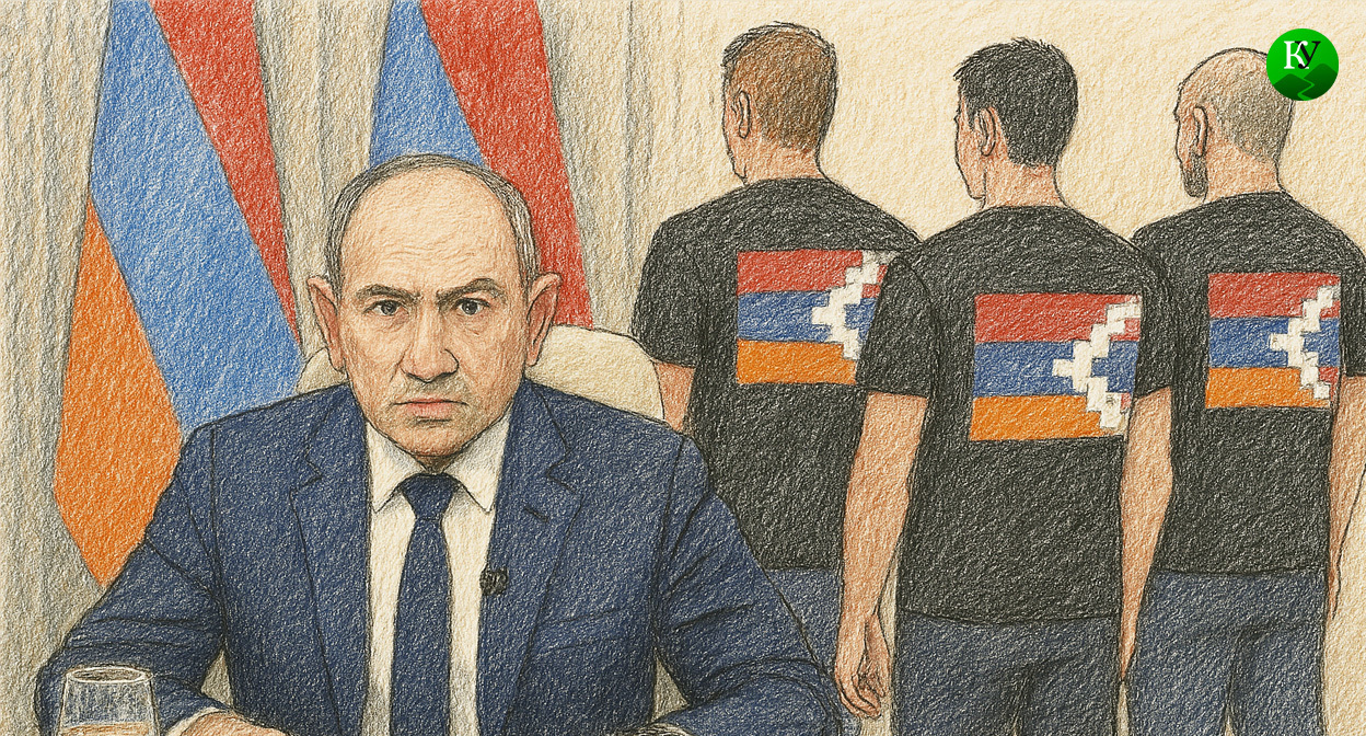 Пашинян и карабахские активисты. Иллюстрация создана «Кавказским узлом» с помощью ИИ в программе Copilot
